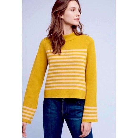 Moth Anthropologie Womens L Mock Neck Sweater Mustard Stripe Crop Bell Sleeves - Picture 1 of 7